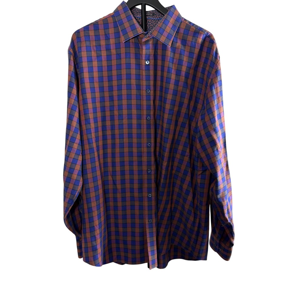 Bugatchi Uomo Mens Classic Fit Button Down Shirt Orange Blue Check Cotton XL